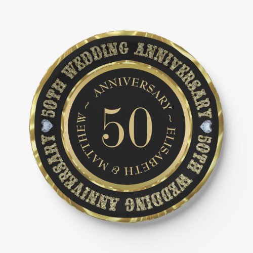 50th Anniversary Gold  Black White Diamonds Dinne Paper Plates