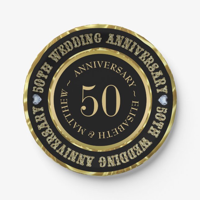 50th Anniversary Gold & Black White Diamonds Dinne Paper Plates (Front)