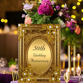 50th Anniversary Gold Diamond Floral Antique Frame Invitation by Zizzago at Zazzle