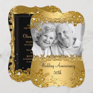 50th Anniversary Gold Diamond Floral Photo Invitation