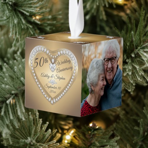 50th Anniversary Gold Diamonds Photo Keepsake Cube Ornament