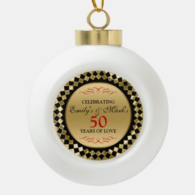 50th Anniversary- Gold Diamonds Red Swirls Ceramic Ball Christmas Ornament (Front)