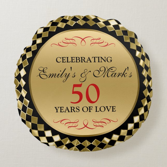 50th Anniversary- Gold Diamonds Round Pillow (Front)