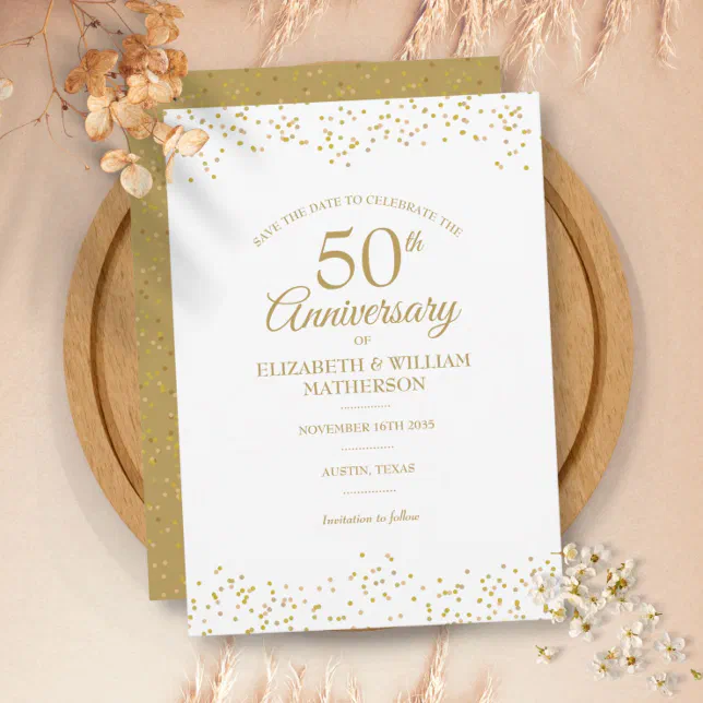 50th Anniversary Gold Dust Confetti Save the Date Invitation | Zazzle