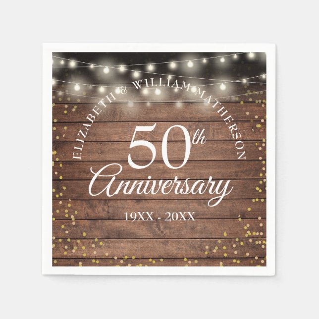 50th Anniversary Gold Dust Rustic String Lights Napkins (Front)