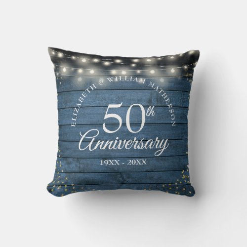 50th Anniversary Gold Dust String Lights Rustic Throw Pillow