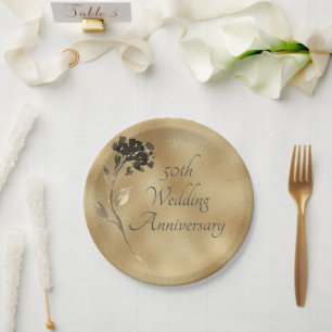 50th Anniversary Gold Floral Elegant Paper Plates