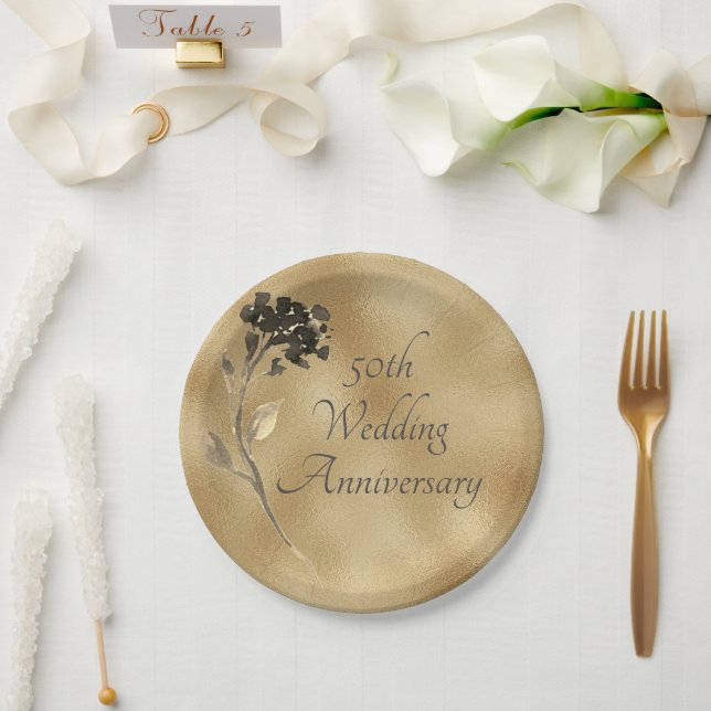 50th Anniversary Gold Floral Elegant Paper Plates (Wedding)