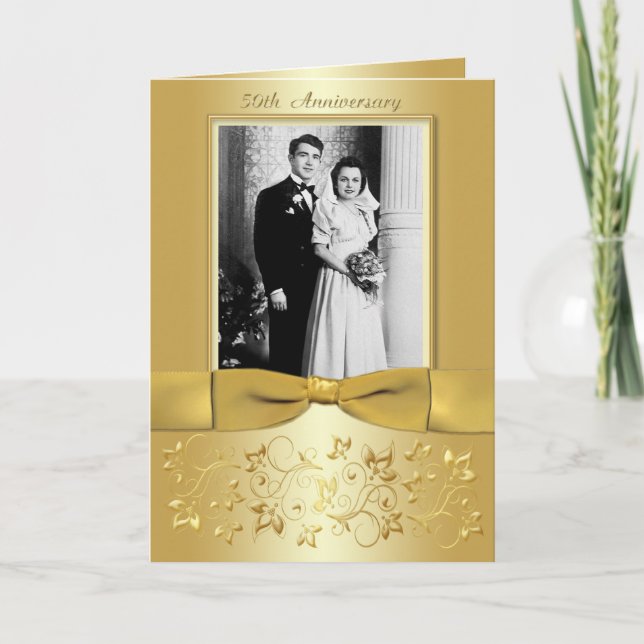 50th Anniversary Gold Floral Photo Invitation Card (Front)