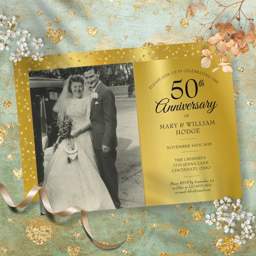 50th Anniversary Gold Foil Wedding Photo Invitation