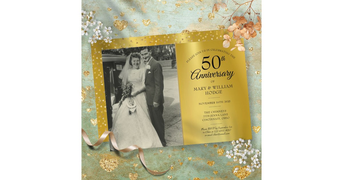 50th Anniversary Gold Foil Wedding Photo Invitation | Zazzle