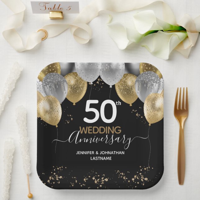 50th Anniversary Gold Glitter Balloons Paper Plates (Wedding)