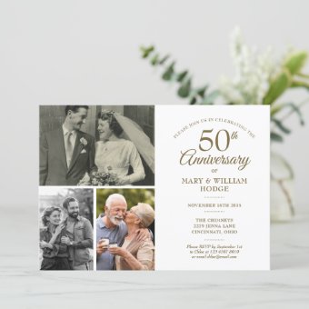 50th Anniversary Gold Heart Confetti 3 Photo Invitation | Zazzle