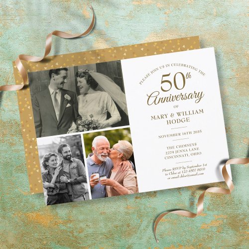 50th Anniversary Gold Heart Confetti 3 Photo Invitation