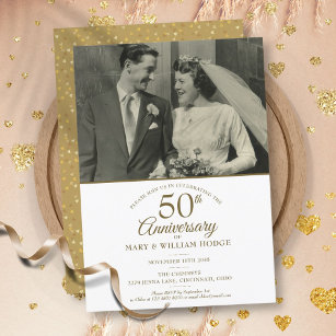 50th Anniversary Gold Heart Confetti Wedding Photo Invitation