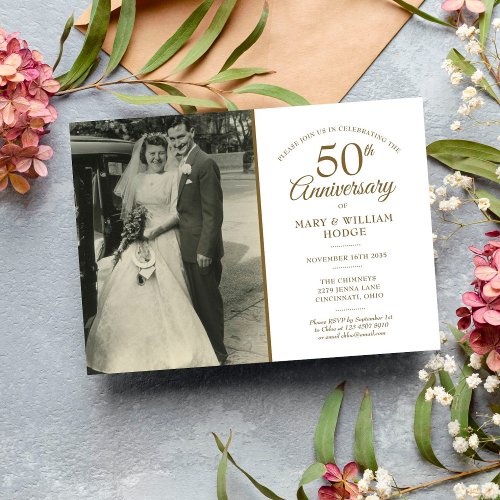 50th Anniversary Gold Heart Confetti Wedding Photo Invitation