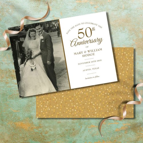 50th Anniversary Gold Heart Confetti Wedding Photo Save The Date