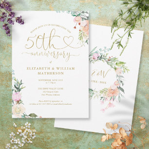 50th Anniversary Gold Heart Floral Monogram Invitation