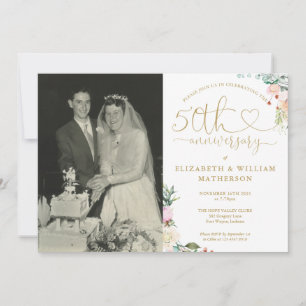 50th Anniversary Gold Heart Floral Monogram Photo Invitation