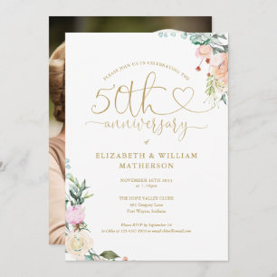 50th Anniversary Gold Heart Floral Photo Invitation