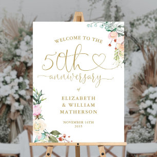 50th Anniversary Gold Heart Floral Welcome Sign