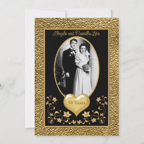 50th Anniversary Gold Heart Invitation _ Black