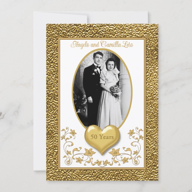 50th Anniversary, Gold Heart Invitation - White (Front)