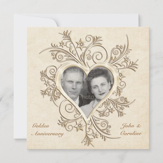 50th Anniversary Gold Heart Photo Invitation (Front)