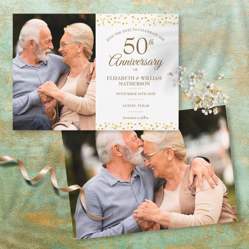 50th Anniversary Gold Hearts 2 Photo Save the Date Announcement