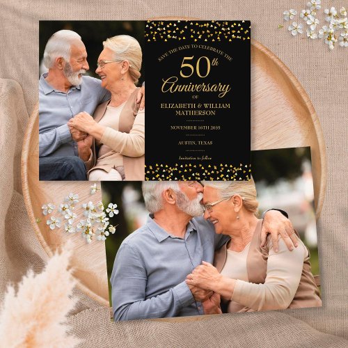 50th Anniversary Gold Hearts 2 Photo Save the Date Announcement Postcard