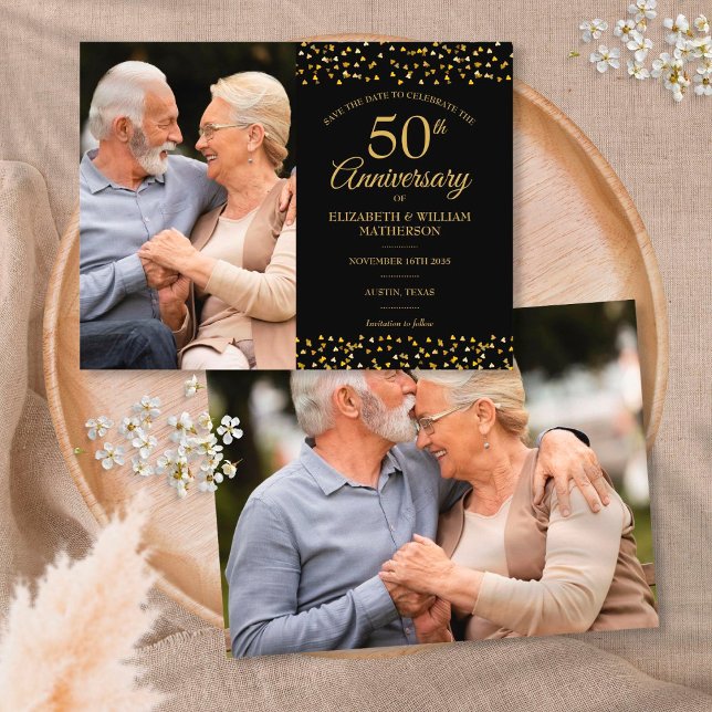 50th Anniversary Gold Hearts 2 Photo Save the Date Announcement Postcard (Creator Uploaded)