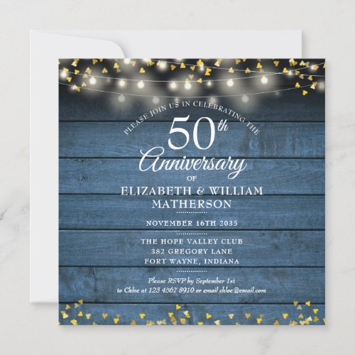 50th Anniversary Gold Hearts Blue Rustic Wood Invitation