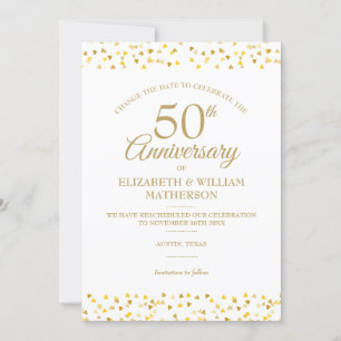 50th Anniversary Gold Hearts Change the Date Invitation