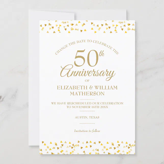 50th Anniversary Gold Hearts Change the Date Invitation | Zazzle