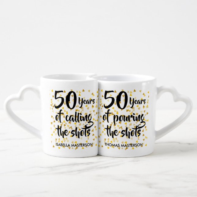 50th Anniversary Gold Hearts Confetti Fun Coffee Mug Set (Back Nesting)