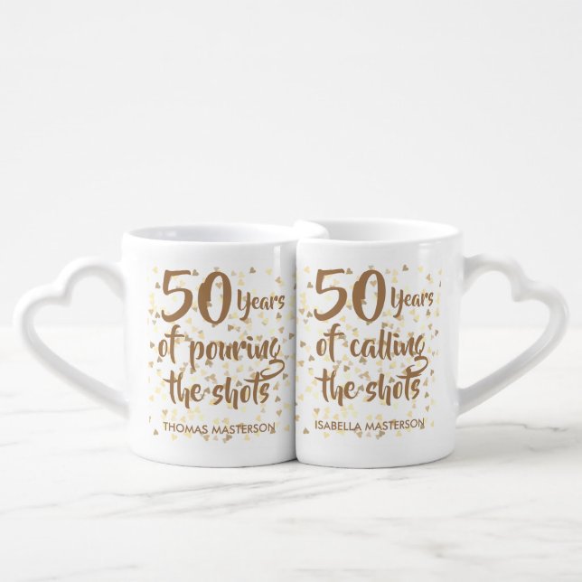 50th Anniversary Gold Hearts Confetti Fun Coffee Mug Set (Front Nesting)