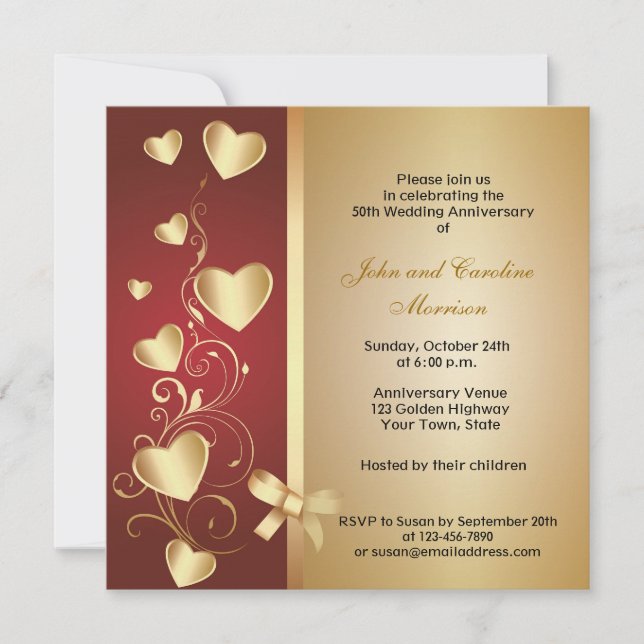 50th Anniversary Gold Hearts Invitation (Front)