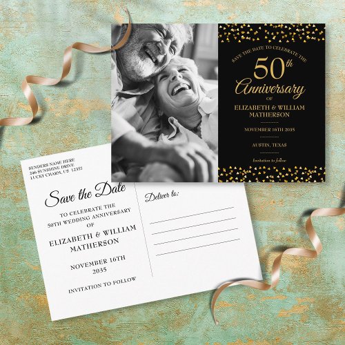 50th Anniversary Gold Hearts Photo Save the Date  Announcement Postcard