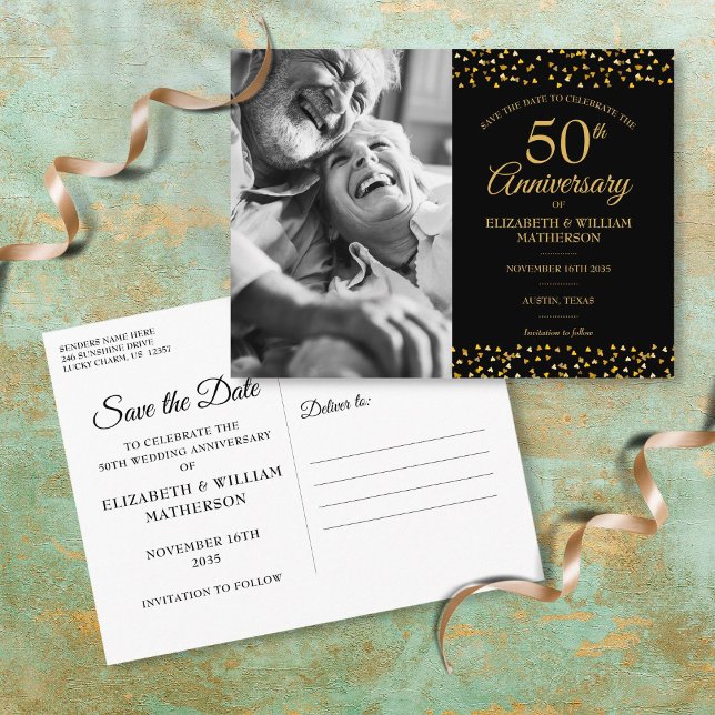 50th Anniversary Gold Hearts Photo Save the Date  Announcement Postcard (Creator Uploaded)