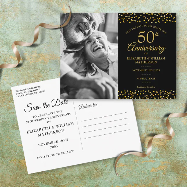 50th Anniversary Gold Hearts Photo Save the Date Announcement Postcard ...