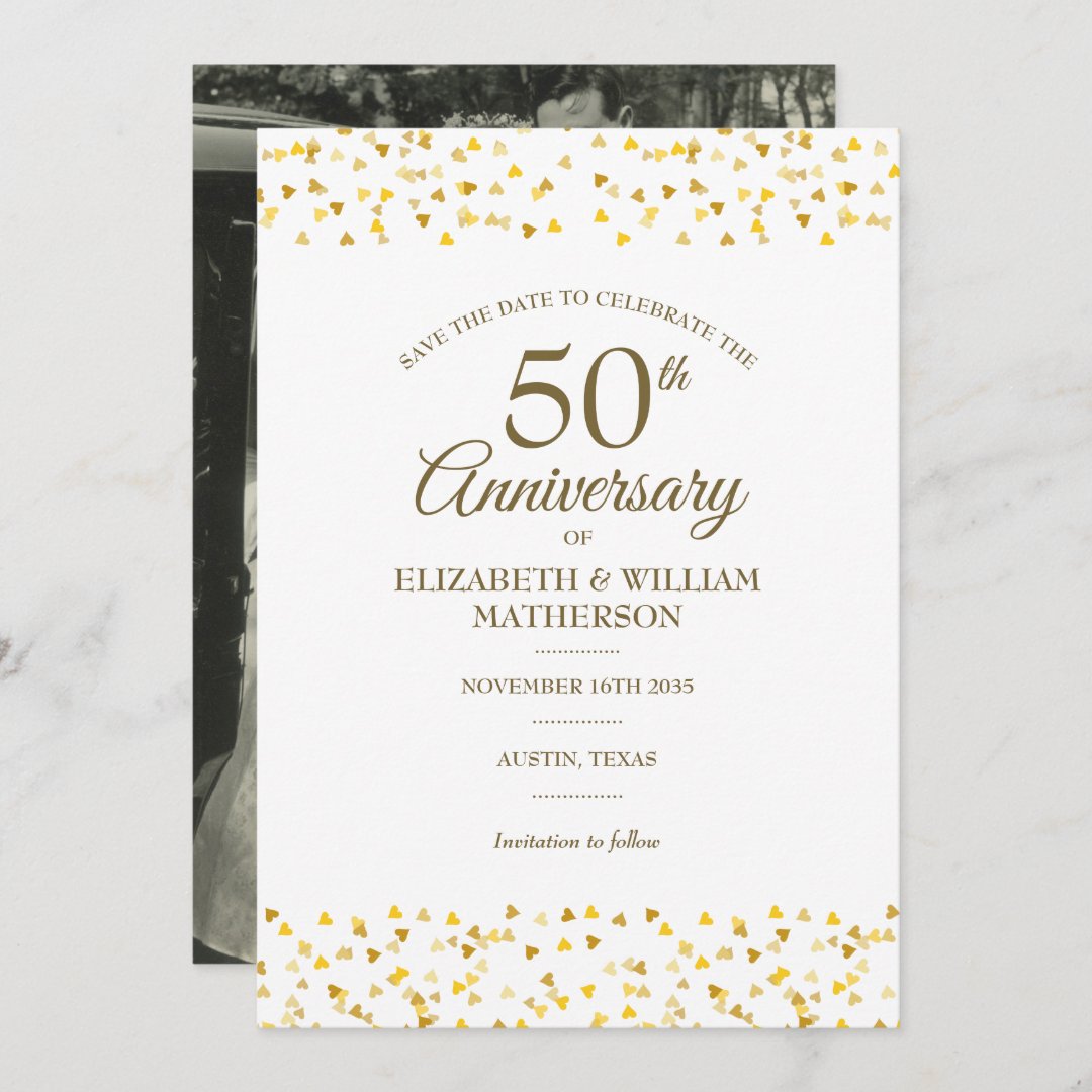 50th Anniversary Gold Hearts Photo Save the Date Invitation | Zazzle