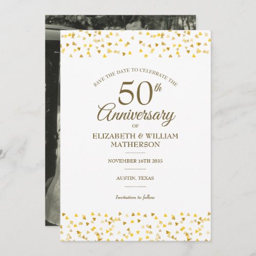 50th Anniversary Gold Hearts Photo Save the Date Invitation