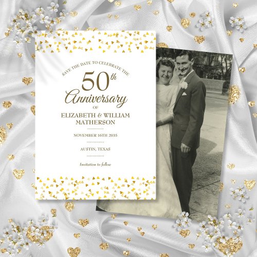 50th Anniversary Gold Hearts Photo Save the Date Invitation