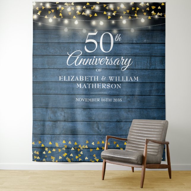 50th Anniversary Gold Hearts Rustic Photo Backdrop (In Situ)