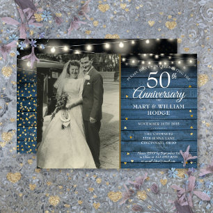 50th Anniversary Gold Hearts Rustic Wedding Photo Invitation