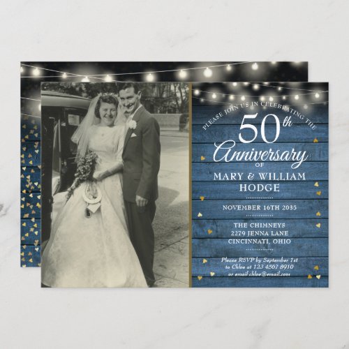 50th Anniversary Gold Hearts Rustic Wedding Photo Invitation