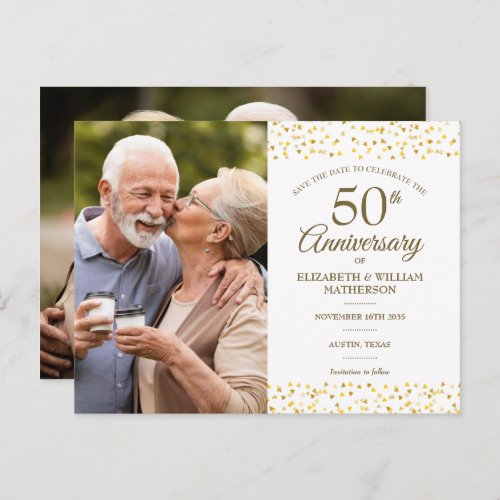 50th Anniversary Gold Hearts Save the Date 2 Photo Announcement Postcard