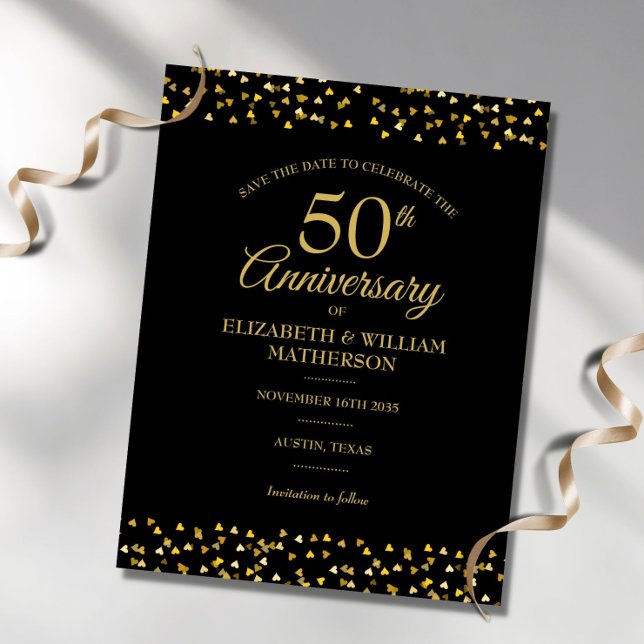 50th Anniversary Gold Hearts Save the Date Announcement Postcard