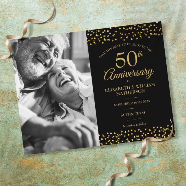 50th Anniversary Gold Hearts Save the Date Photo Announcement Postcard