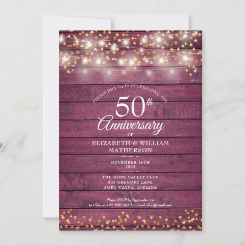 50th Anniversary Gold Hearts String Lights Rustic Invitation